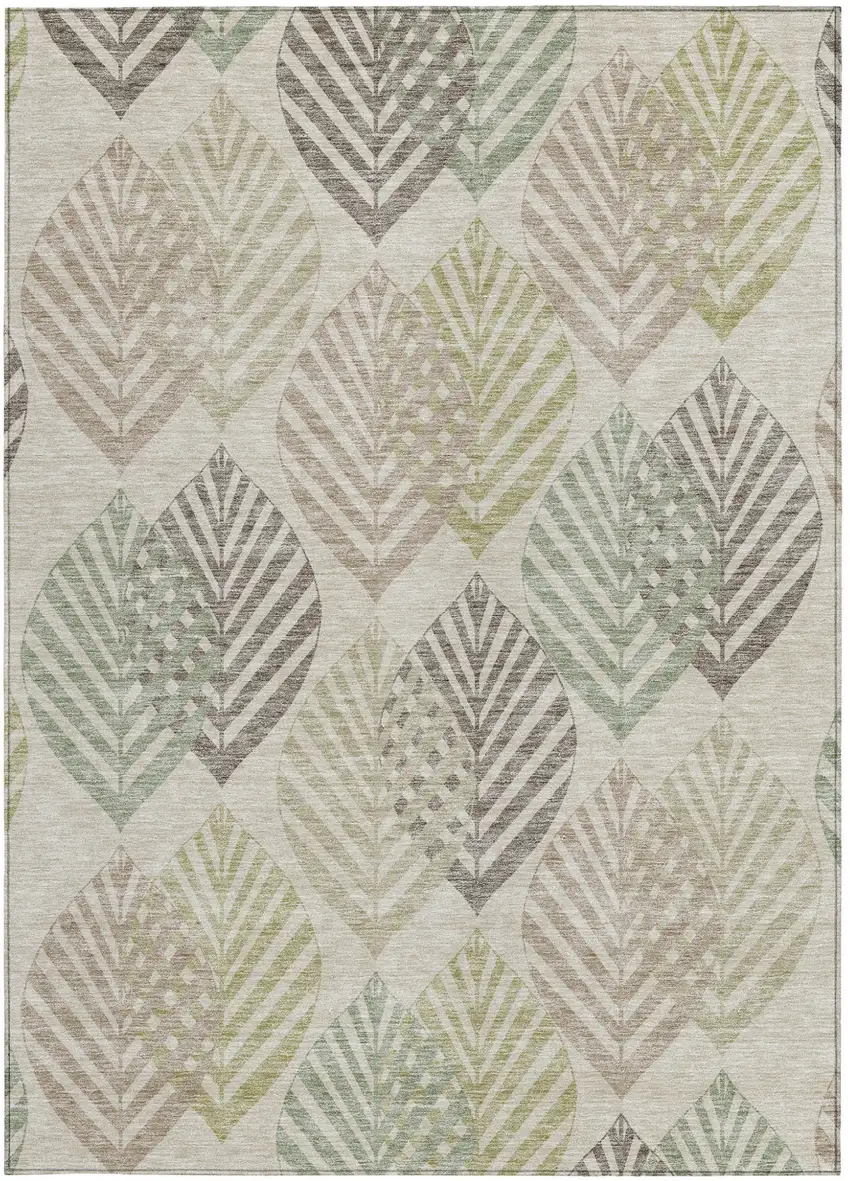 Beige Taupe And Artichoke Green Floral Washable Indoor Outdoor Area Rug Photo 6