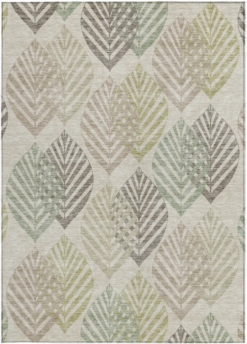 Beige Taupe And Artichoke Green Floral Washable Indoor Outdoor Area Rug Photo 6