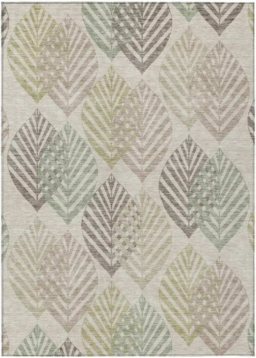 Beige Taupe And Artichoke Green Floral Washable Indoor Outdoor Area Rug Photo 1