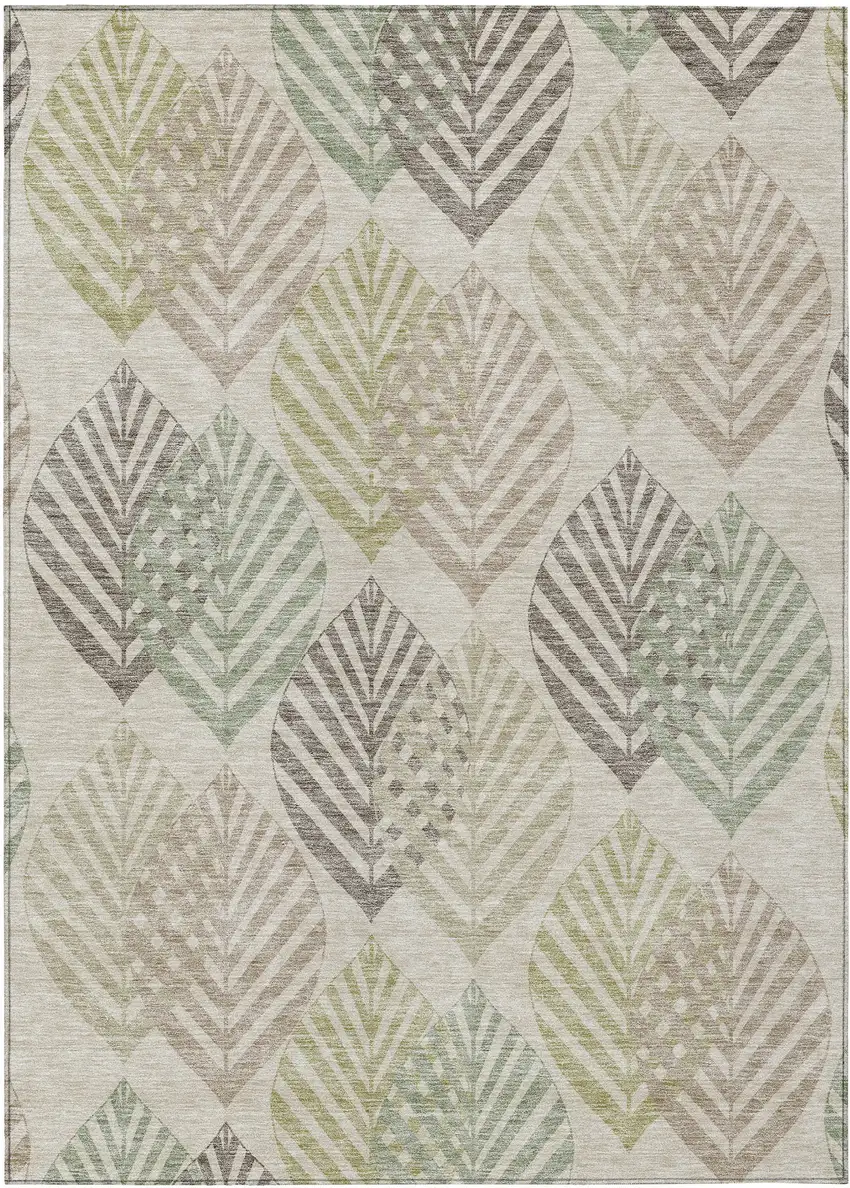 Beige Taupe And Artichoke Green Floral Washable Indoor Outdoor Area Rug Photo 1