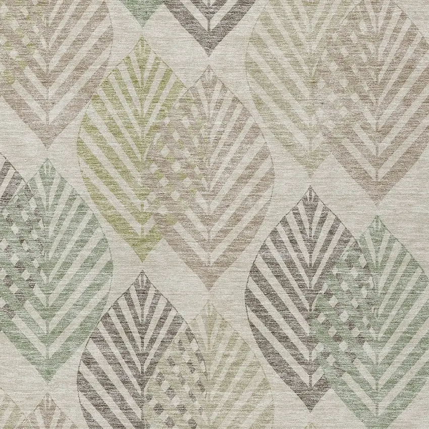 Beige Taupe And Artichoke Green Floral Washable Indoor Outdoor Area Rug Photo 5