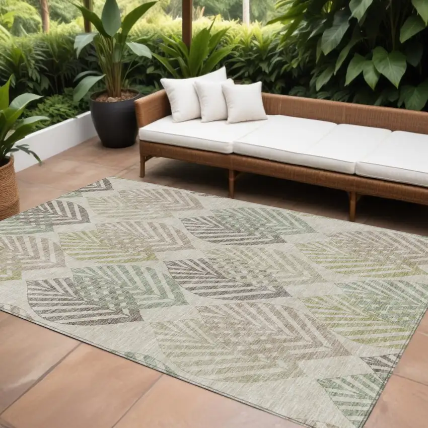 Beige Taupe And Artichoke Green Floral Washable Indoor Outdoor Area Rug Photo 1