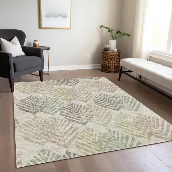 Beige Taupe And Artichoke Green Floral Washable Indoor Outdoor Area Rug Photo 9