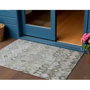 Photo of Beige Taupe And Blue Geometric Washable Indoor Outdoor Area Rug