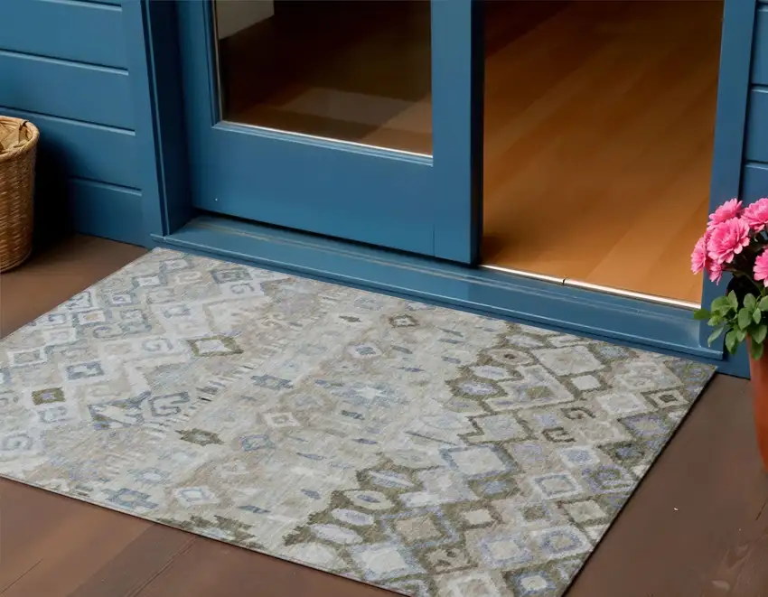 Beige Taupe And Blue Geometric Washable Indoor Outdoor Area Rug Photo 1