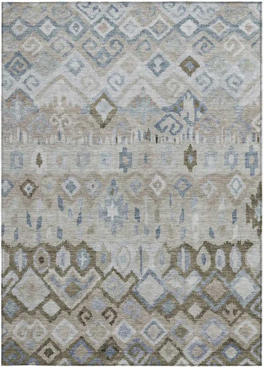Beige Taupe And Blue Geometric Washable Indoor Outdoor Area Rug Photo 4