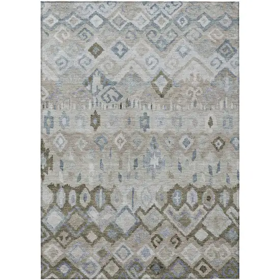 Beige Taupe And Blue Geometric Washable Indoor Outdoor Area Rug Photo 2