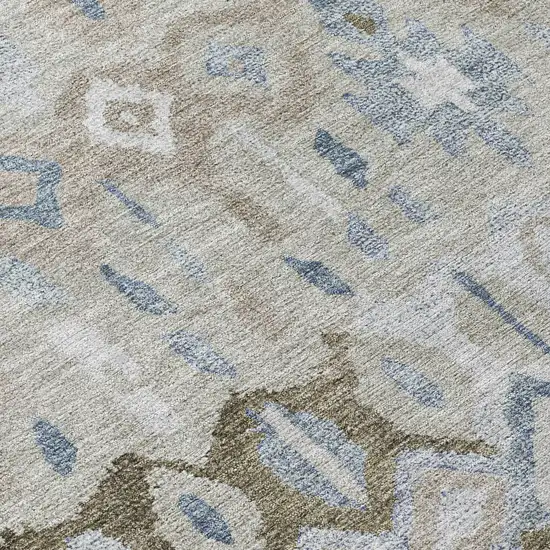 Beige Taupe And Blue Geometric Washable Indoor Outdoor Area Rug Photo 6