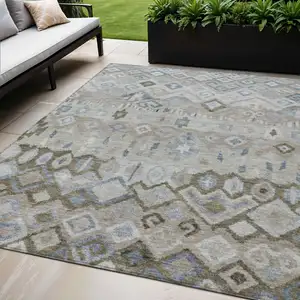 Photo of Beige Taupe And Blue Geometric Washable Indoor Outdoor Area Rug