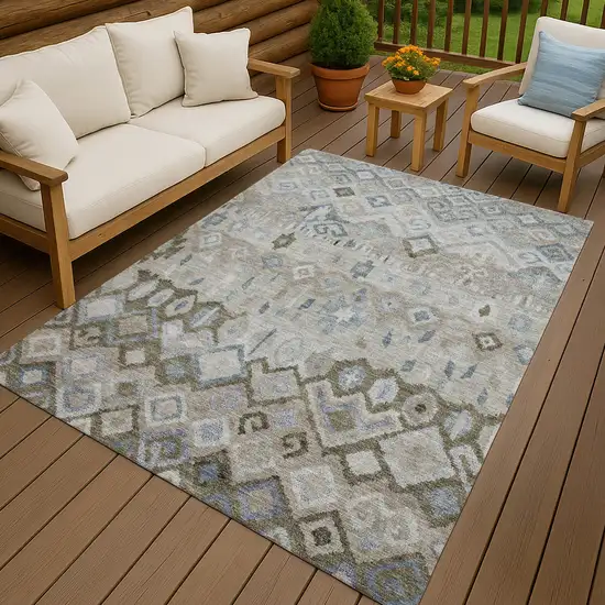 Beige Taupe And Blue Geometric Washable Indoor Outdoor Area Rug Photo 9
