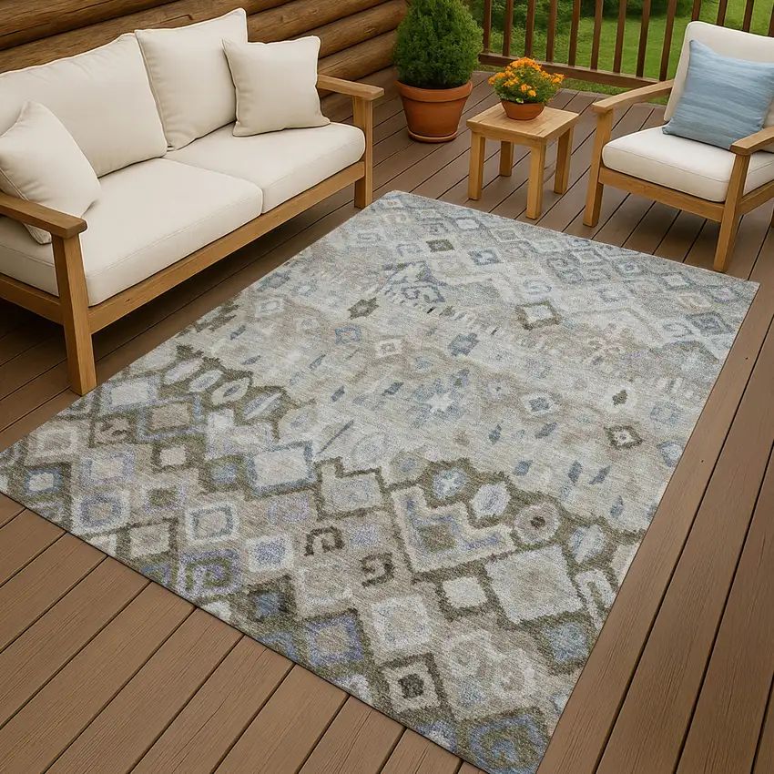 Beige Taupe And Blue Geometric Washable Indoor Outdoor Area Rug Photo 9