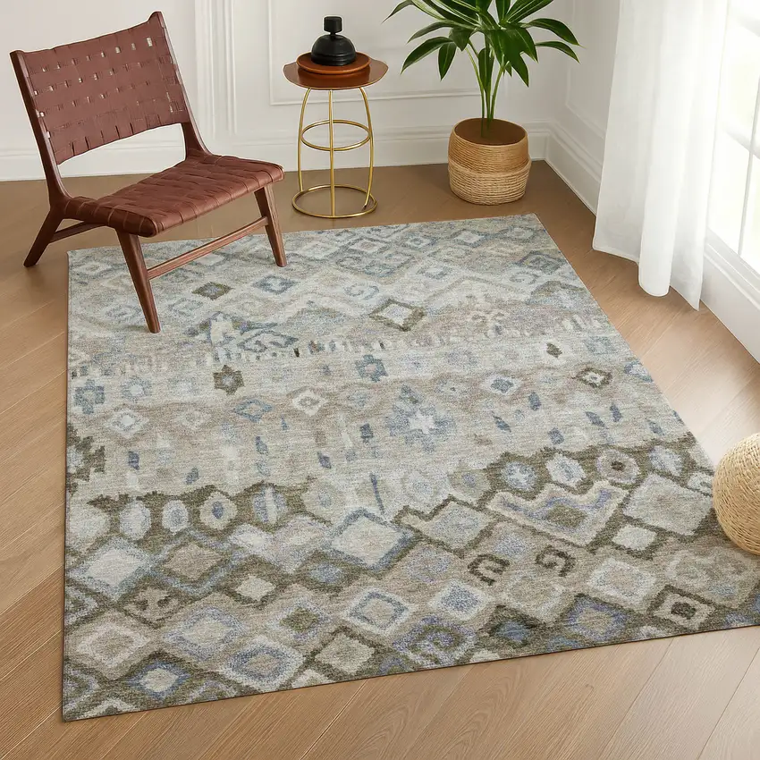 Beige Taupe And Blue Geometric Washable Indoor Outdoor Area Rug Photo 9