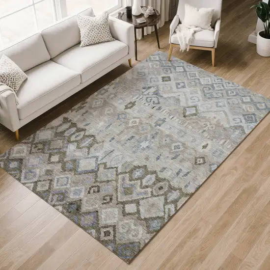 Beige Taupe And Blue Geometric Washable Indoor Outdoor Area Rug Photo 9