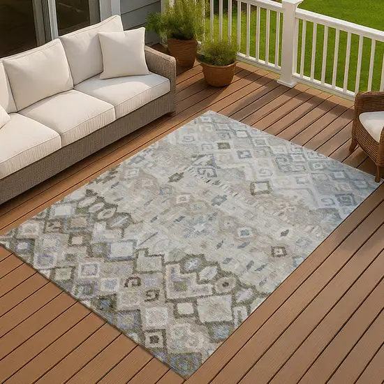 Beige Taupe And Blue Geometric Washable Indoor Outdoor Area Rug Photo 8