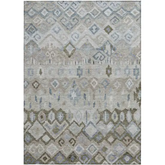 Beige Taupe And Blue Geometric Washable Indoor Outdoor Area Rug Photo 4