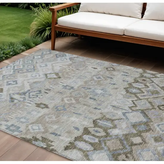 Beige Taupe And Blue Geometric Washable Indoor Outdoor Area Rug Photo 1