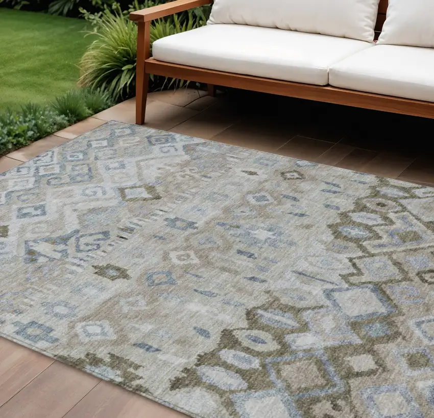 Beige Taupe And Blue Geometric Washable Indoor Outdoor Area Rug Photo 1