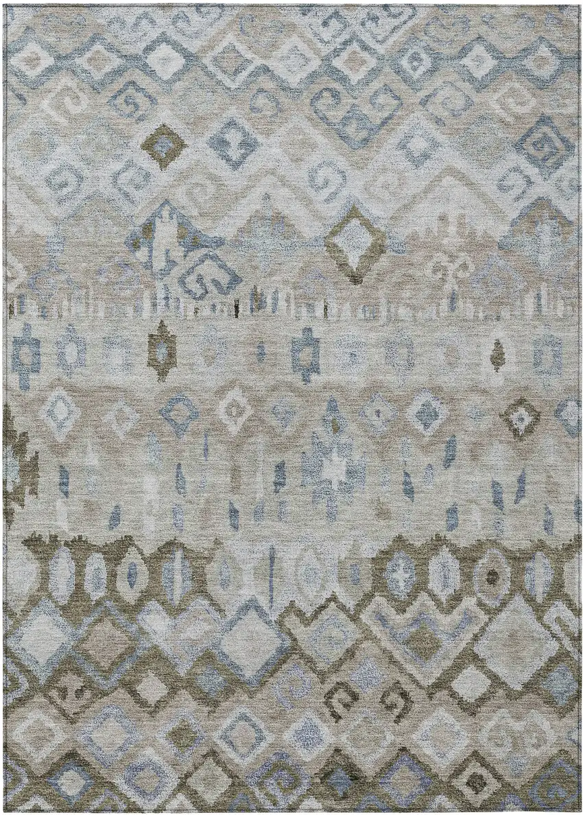 Beige Taupe And Blue Geometric Washable Indoor Outdoor Area Rug Photo 2