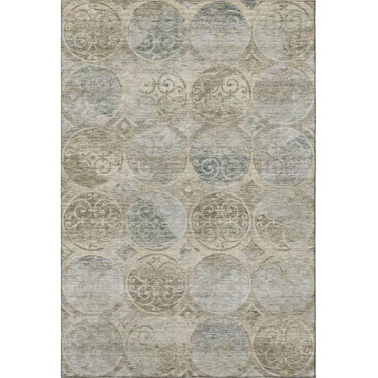 Beige Taupe And Blue Medallion Washable Area Rug With UV Protection Photo 4