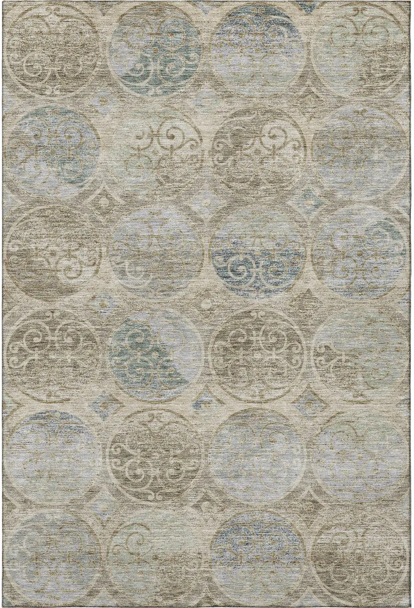 Beige Taupe And Blue Medallion Washable Area Rug With UV Protection Photo 4