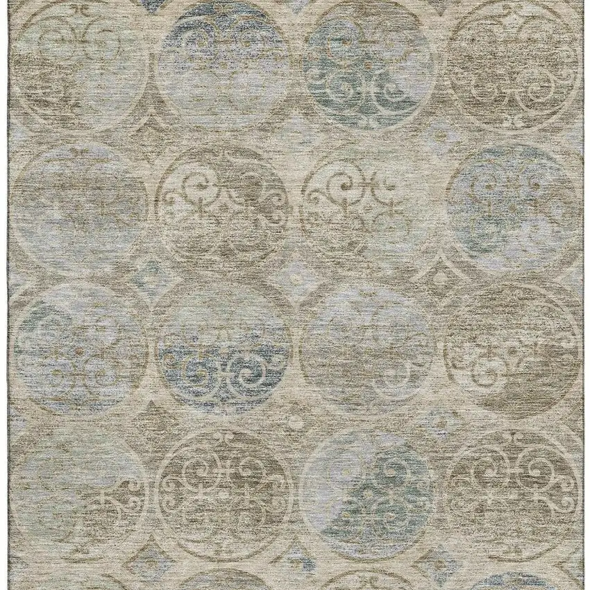 Beige Taupe And Blue Medallion Washable Area Rug With UV Protection Photo 3