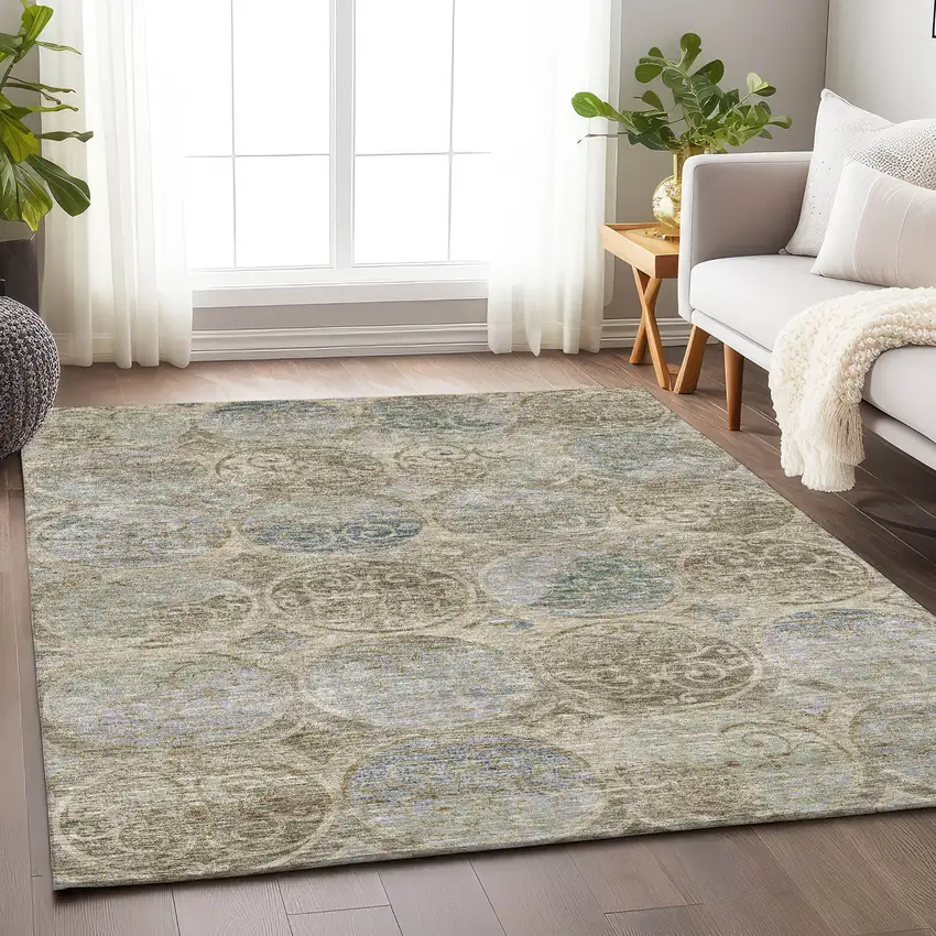 Beige Taupe And Blue Medallion Washable Area Rug With UV Protection Photo 5