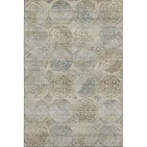 Photo of Beige Taupe And Blue Medallion Washable Area Rug With UV Protection