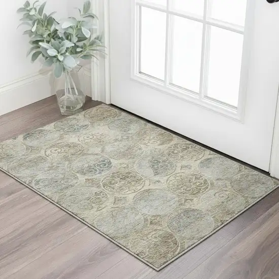 Beige Taupe And Blue Medallion Washable Area Rug With UV Protection Photo 2