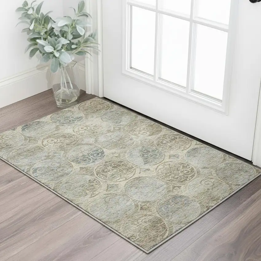 Beige Taupe And Blue Medallion Washable Area Rug With UV Protection Photo 2
