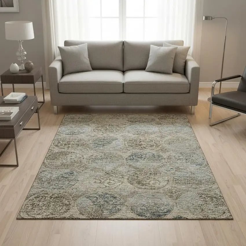 Beige Taupe And Blue Medallion Washable Area Rug With UV Protection Photo 2