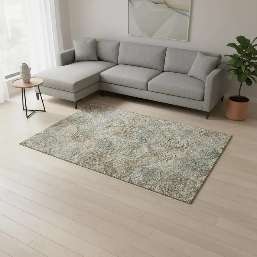 Beige Taupe And Blue Medallion Washable Area Rug With UV Protection Photo 2