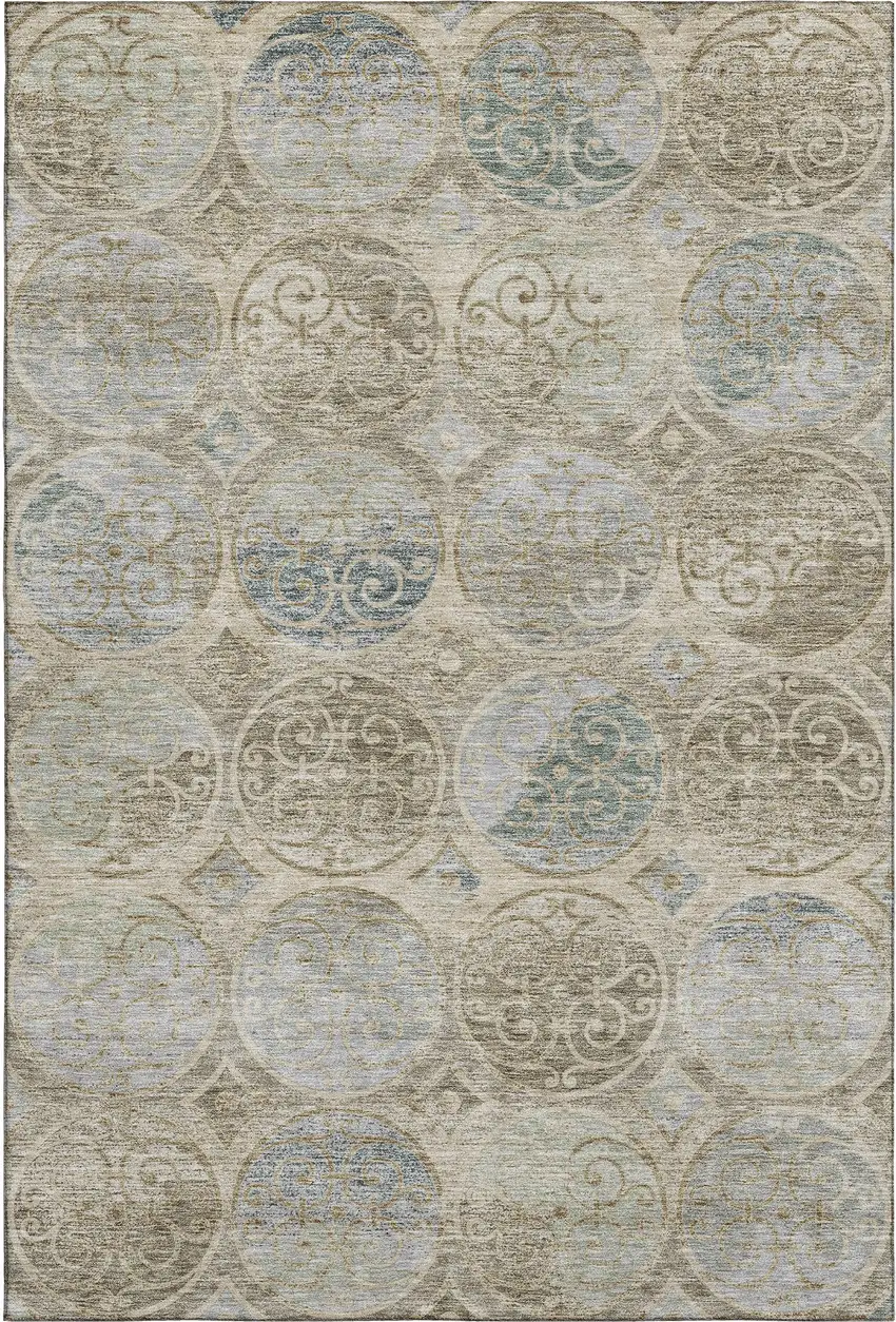 Beige Taupe And Blue Medallion Washable Area Rug With UV Protection Photo 1