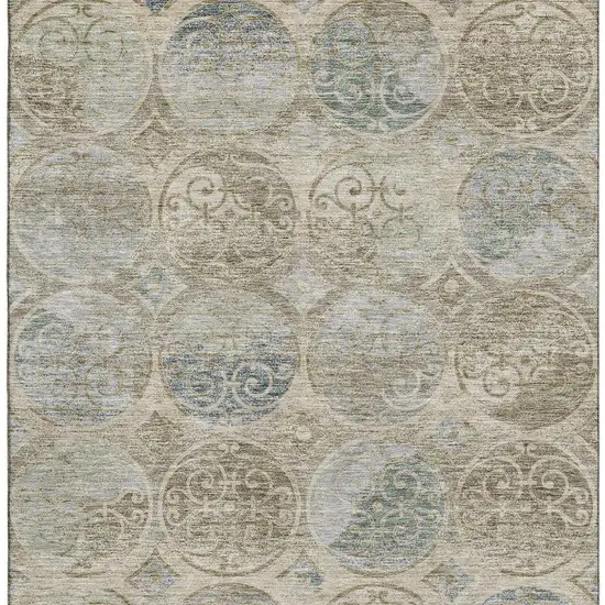 Beige Taupe And Blue Medallion Washable Area Rug With UV Protection Photo 3