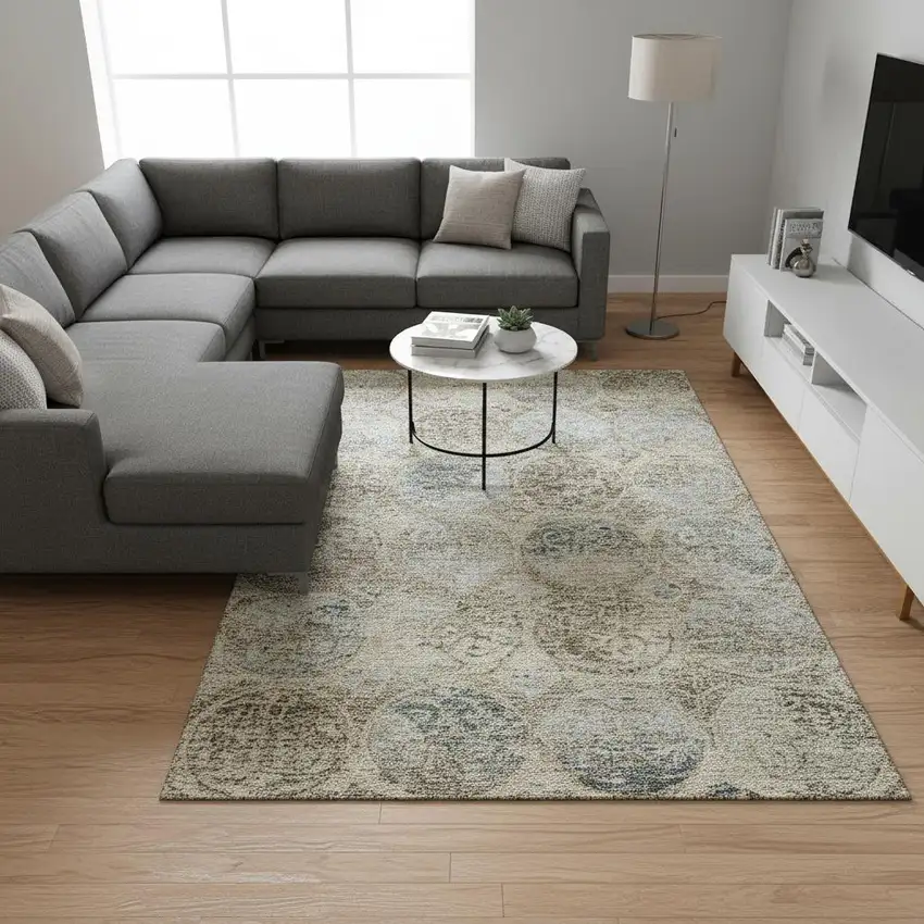 Beige Taupe And Blue Medallion Washable Area Rug With UV Protection Photo 2