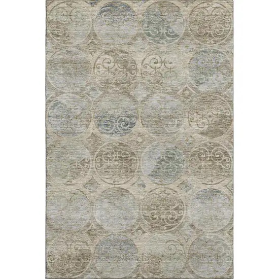 Beige Taupe And Blue Medallion Washable Area Rug With UV Protection Photo 1