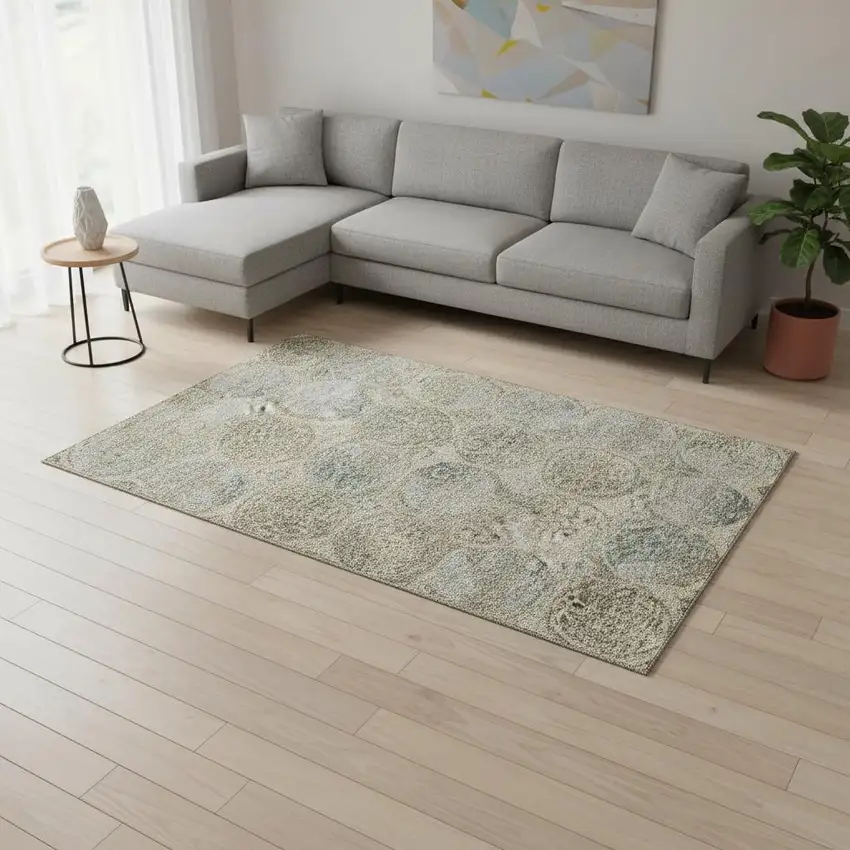 Beige Taupe And Blue Medallion Washable Area Rug With UV Protection Photo 2