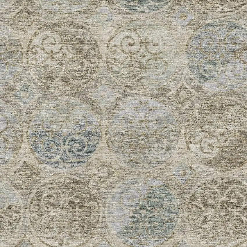 Beige Taupe And Blue Medallion Washable Area Rug With UV Protection Photo 3