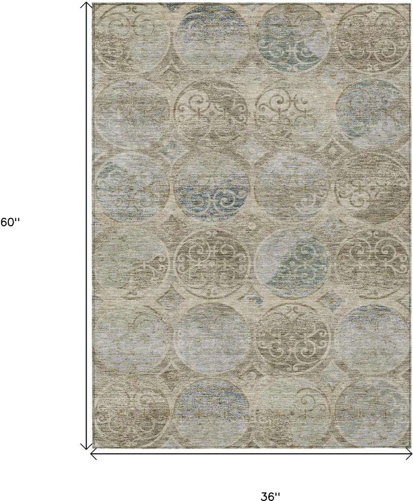 Beige Taupe And Blue Trellis Washable Indoor Outdoor Area Rug Photo 3