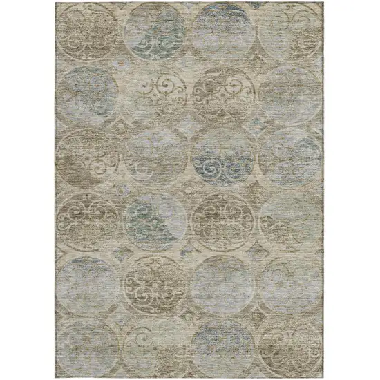 Beige Taupe And Blue Trellis Washable Indoor Outdoor Area Rug Photo 5