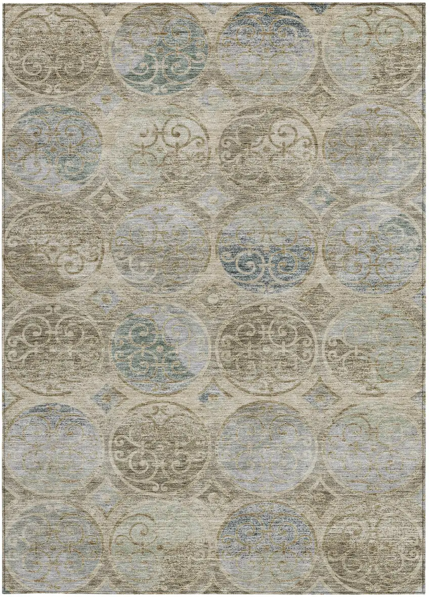 Beige Taupe And Blue Trellis Washable Indoor Outdoor Area Rug Photo 5