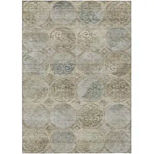Photo of Beige Taupe And Blue Trellis Washable Indoor Outdoor Area Rug