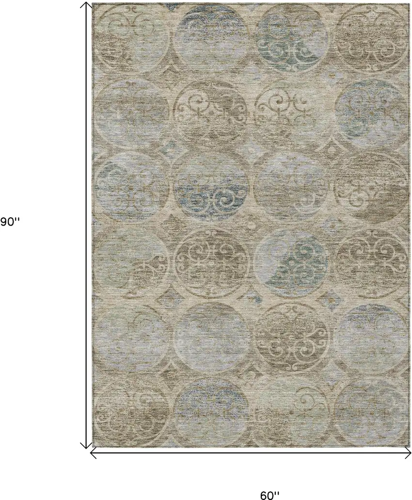 Beige Taupe And Blue Trellis Washable Indoor Outdoor Area Rug Photo 3