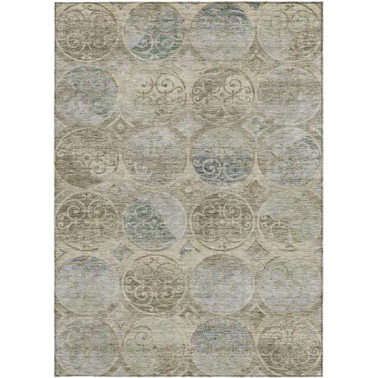 Beige Taupe And Blue Trellis Washable Indoor Outdoor Area Rug Photo 5