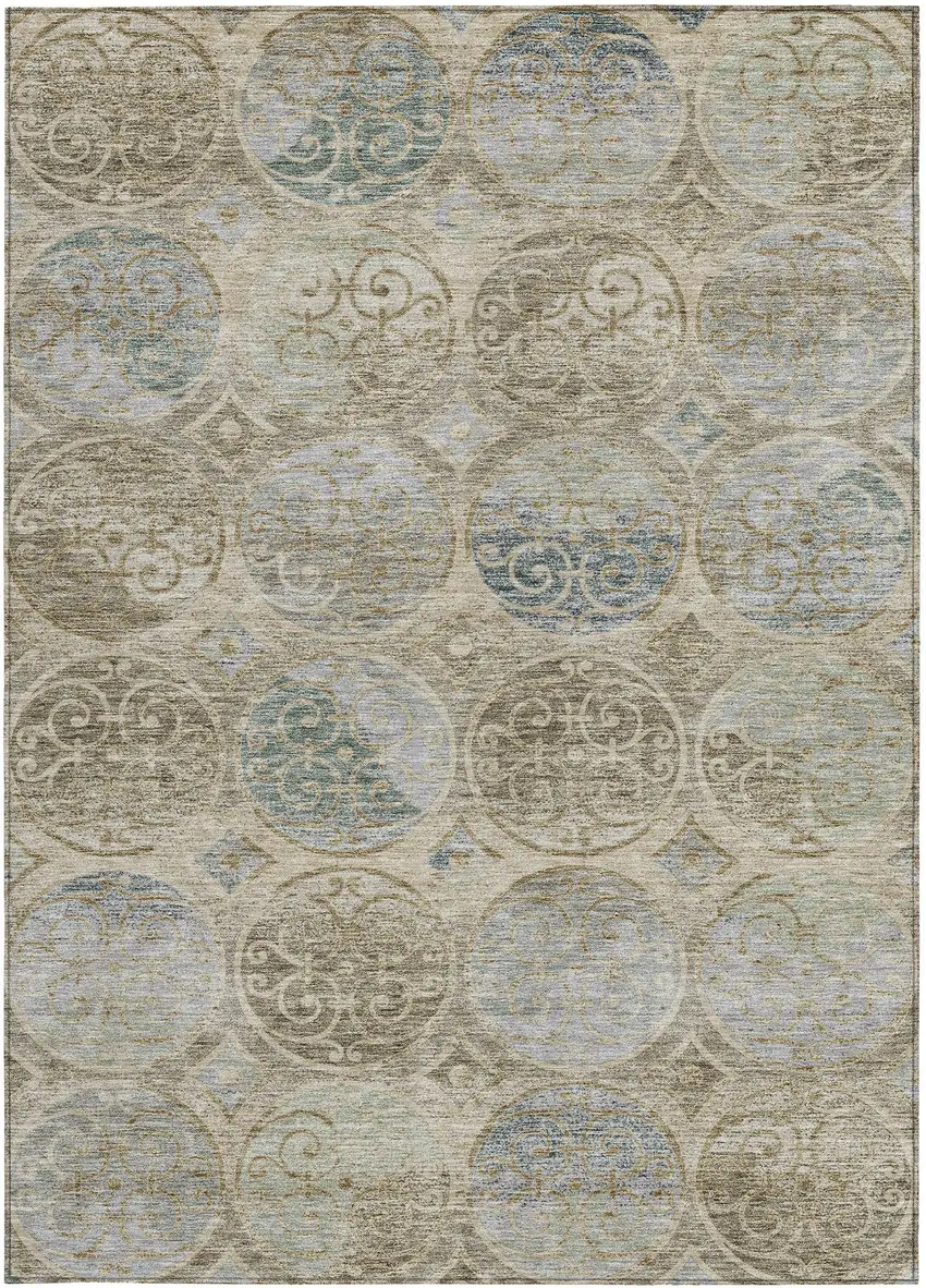 Beige Taupe And Blue Trellis Washable Indoor Outdoor Area Rug Photo 5