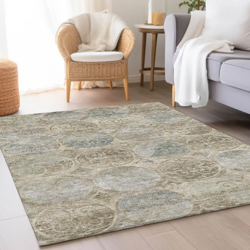 Beige Taupe And Blue Trellis Washable Indoor Outdoor Area Rug Photo 7