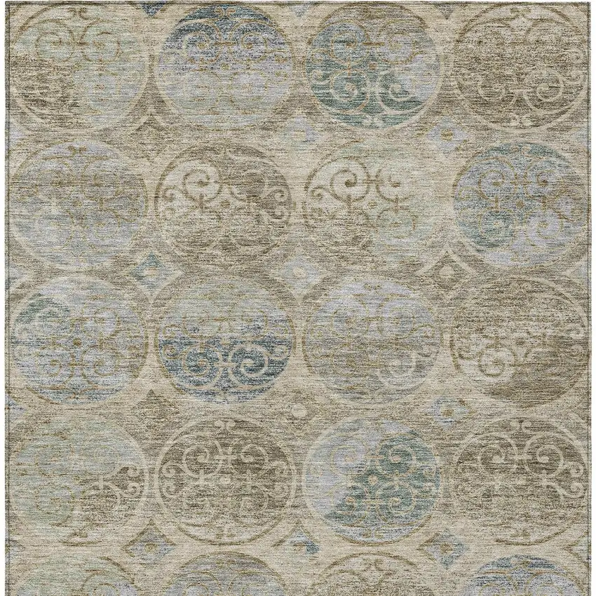 Beige Taupe And Blue Trellis Washable Indoor Outdoor Area Rug Photo 4