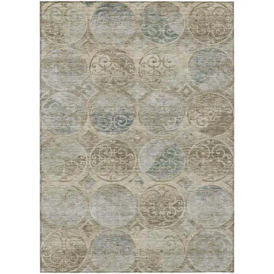 Beige Taupe And Blue Trellis Washable Indoor Outdoor Area Rug Photo 1