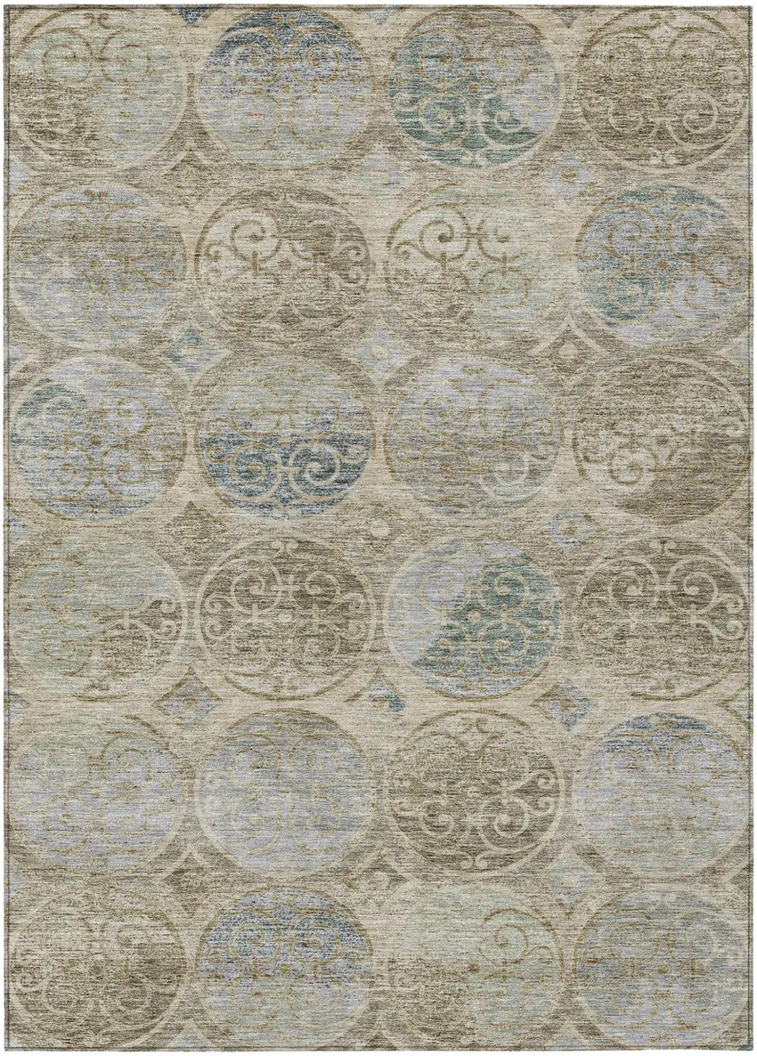 Beige Taupe And Blue Trellis Washable Indoor Outdoor Area Rug Photo 1