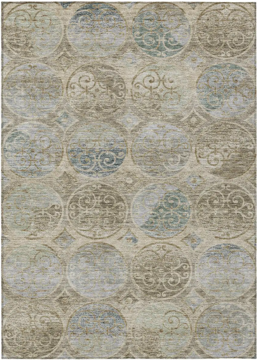 Beige Taupe And Blue Trellis Washable Indoor Outdoor Area Rug Photo 1