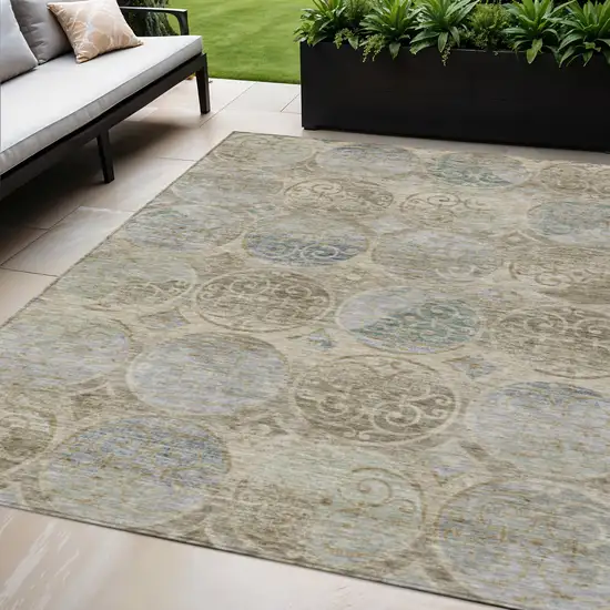 Beige Taupe And Blue Trellis Washable Indoor Outdoor Area Rug Photo 1